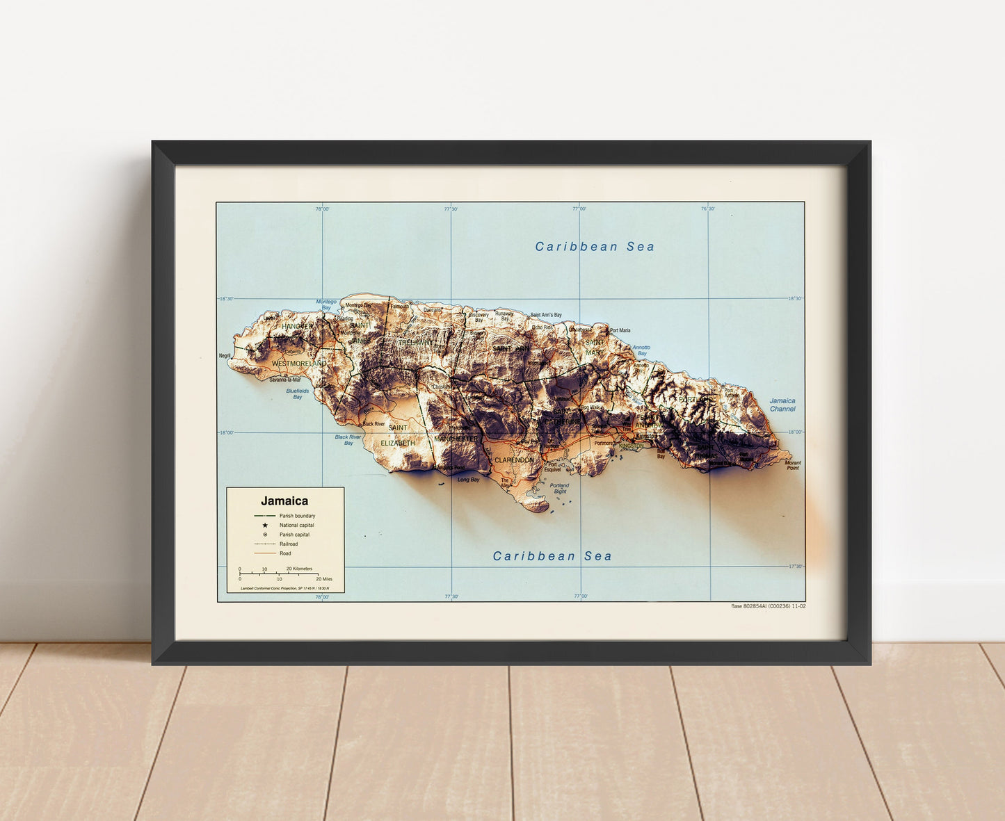 Vintage Jamaica shaded relief map in black frame. Artistic print with realistic terrain effect for wall decor