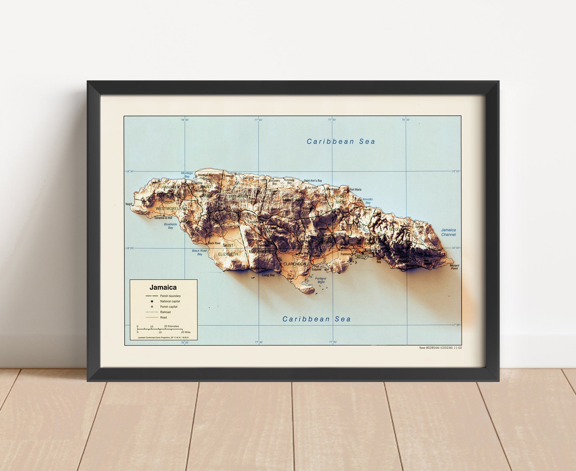 Vintage Jamaica shaded relief map in black frame. Artistic print with realistic terrain effect for wall decor