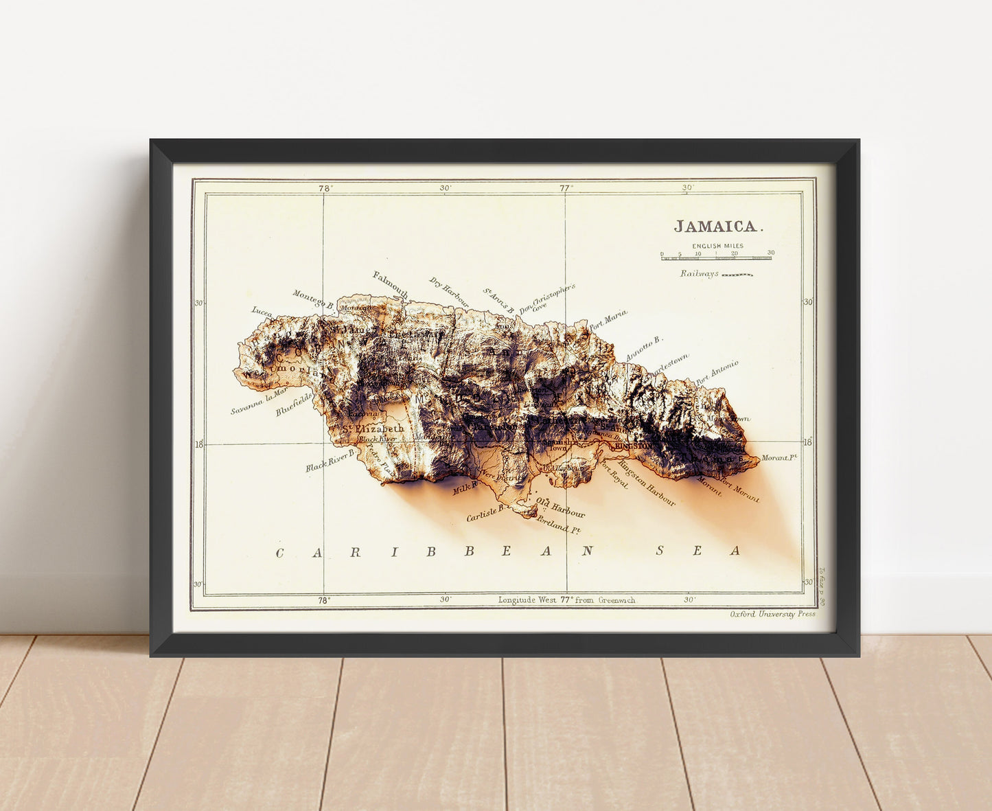 Vintage Jamaica shaded relief map in black frame. Artistic print with realistic terrain effect for wall decor