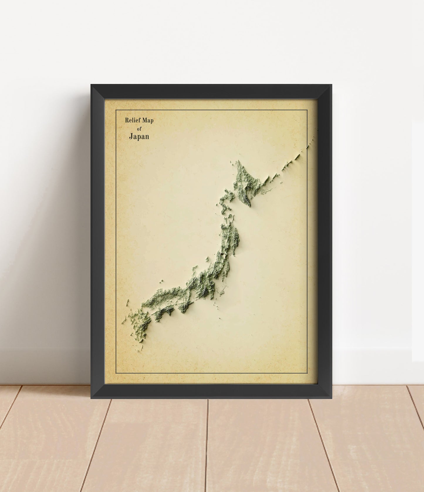 Vintage Japan shaded relief map in black frame. Artistic print with realistic terrain effect for wall decor