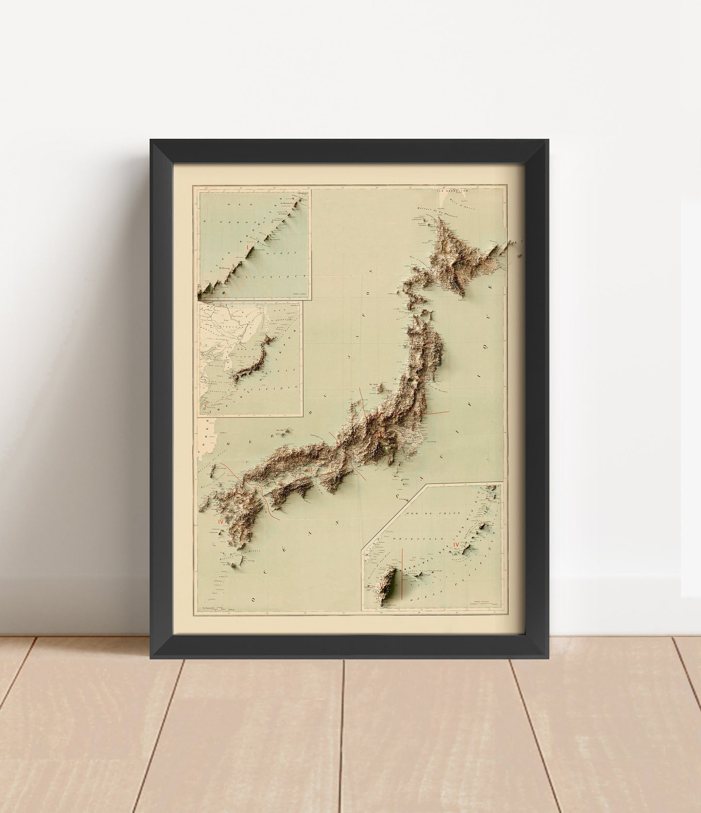Vintage Japan shaded relief map in black frame. Artistic print with realistic terrain effect for wall decor