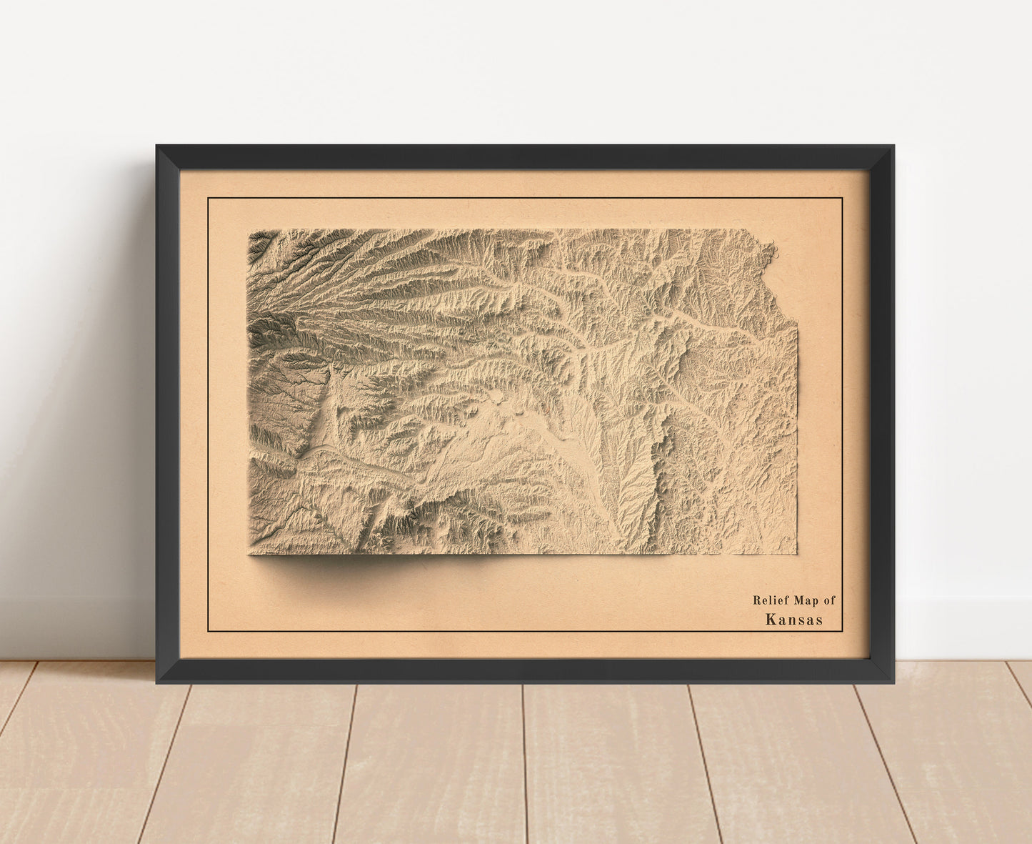 Vintage Kansas shaded relief map in black frame. Artistic print with realistic terrain effect for wall decor