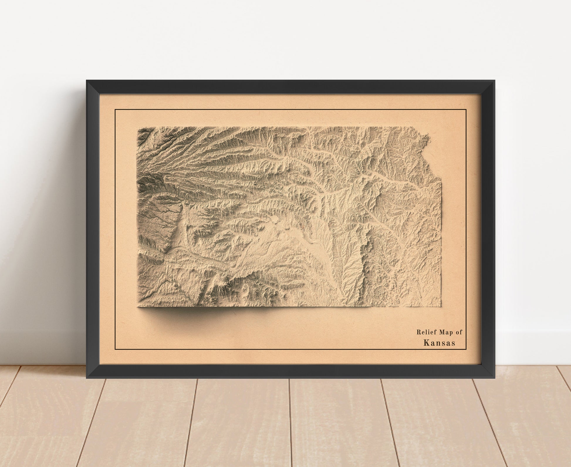 Vintage Kansas shaded relief map in black frame. Artistic print with realistic terrain effect for wall decor