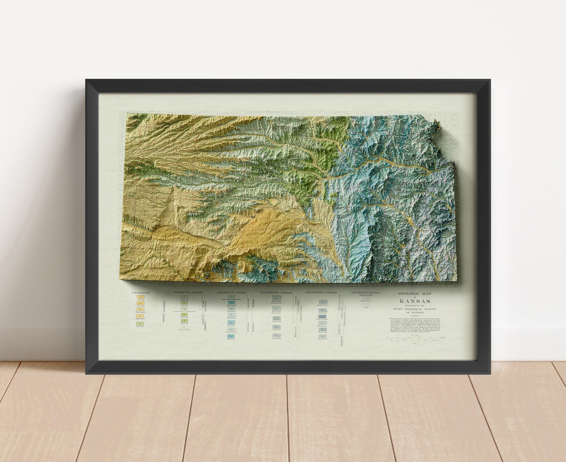 Vintage Kansas shaded relief map in black frame. Artistic print with realistic terrain effect for wall decor