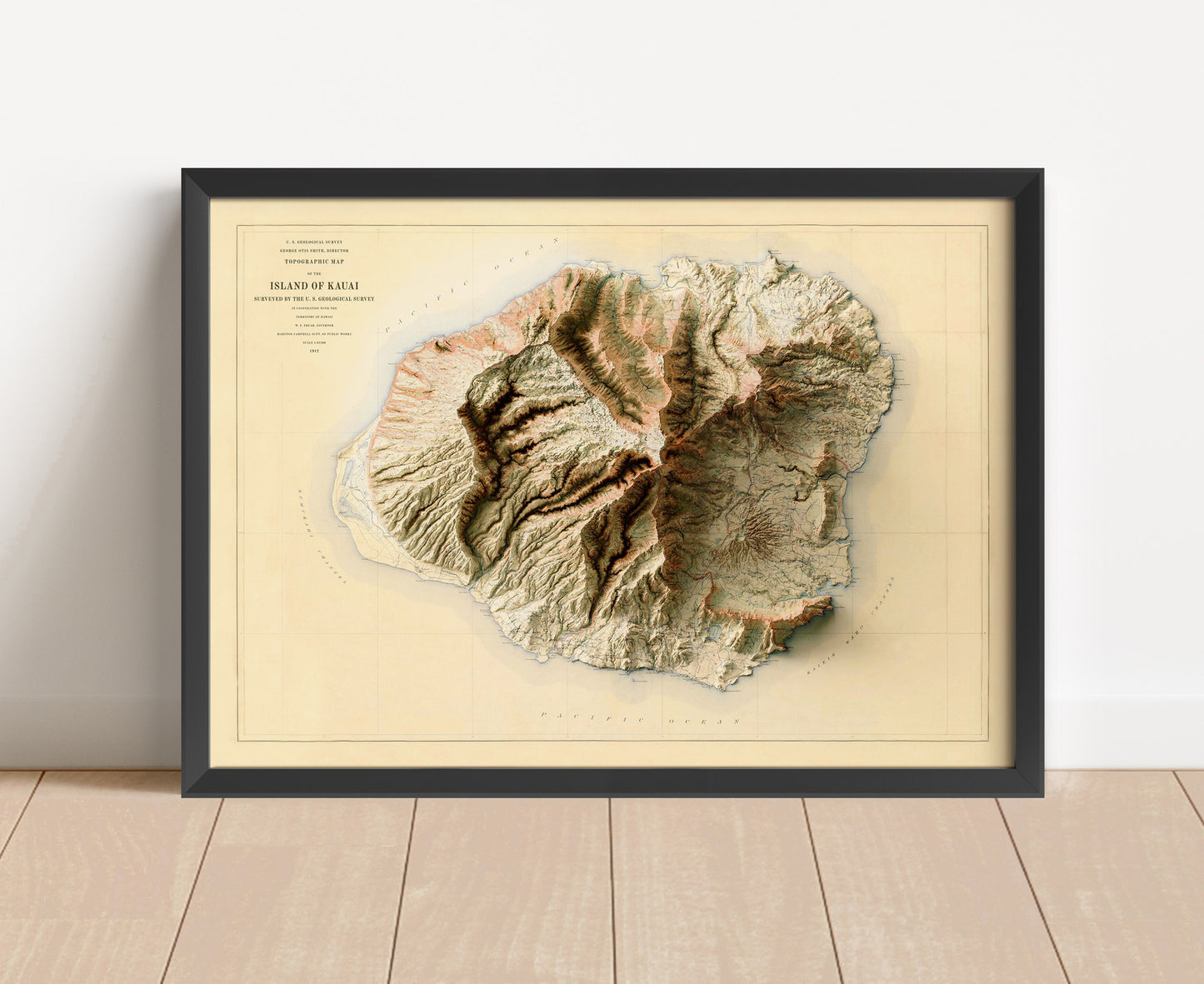 Vintage Kauai, Hawaii, shaded relief map in black frame. Artistic print with realistic terrain effect for wall decor 