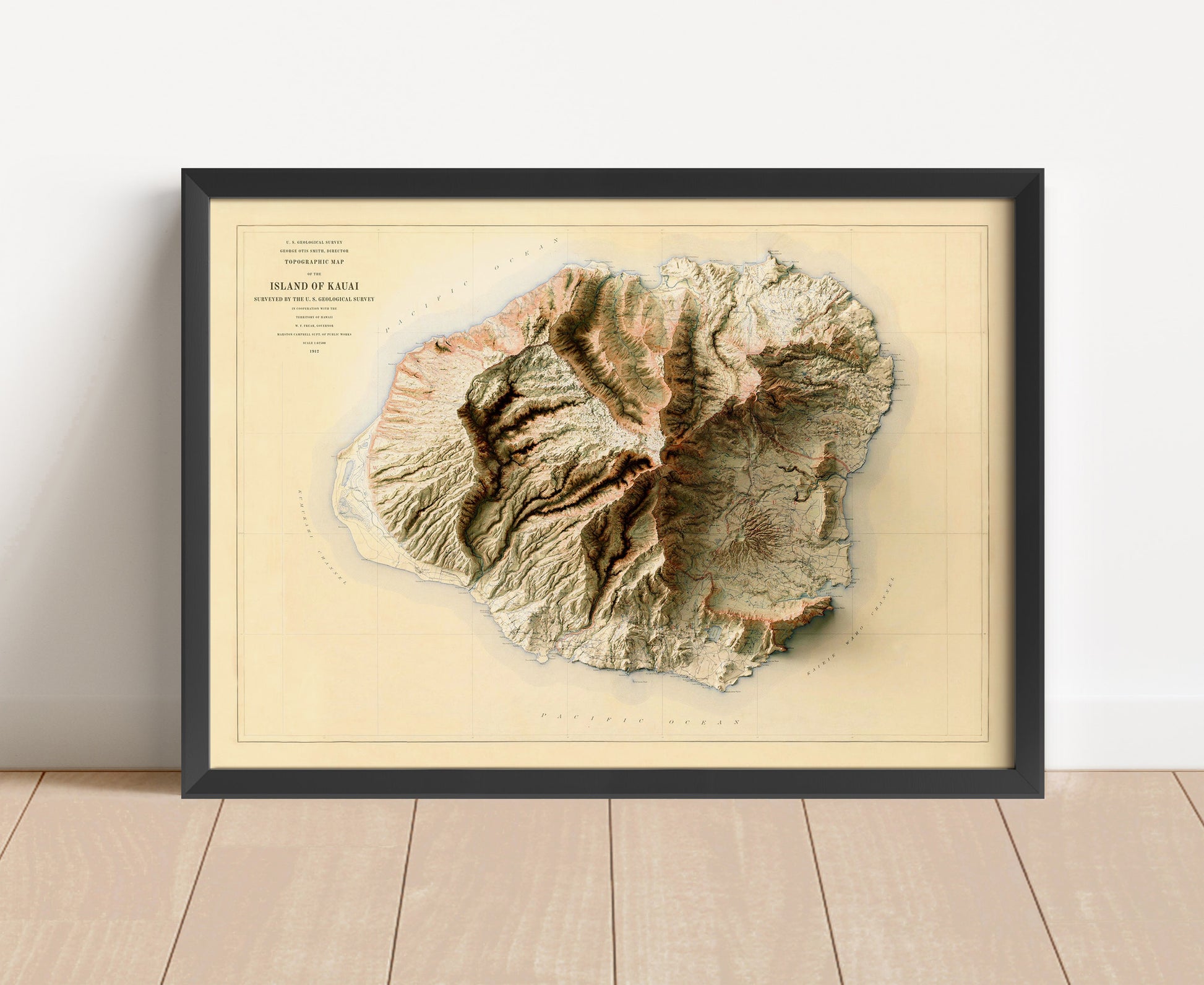 Vintage Kauai, Hawaii, shaded relief map in black frame. Artistic print with realistic terrain effect for wall decor 