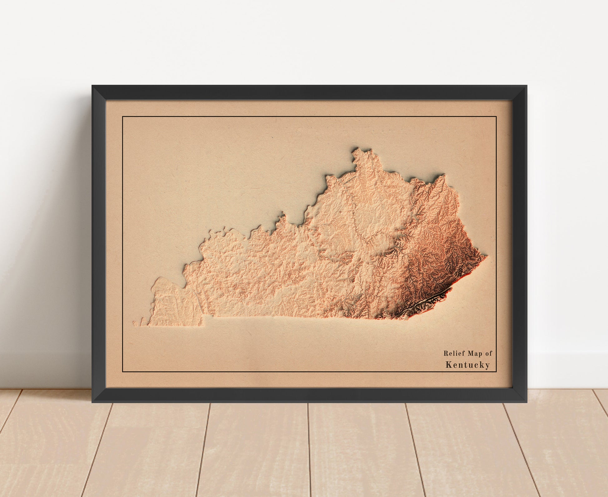 Vintage Kentucky shaded relief map in black frame. Artistic print with realistic terrain effect for wall decor