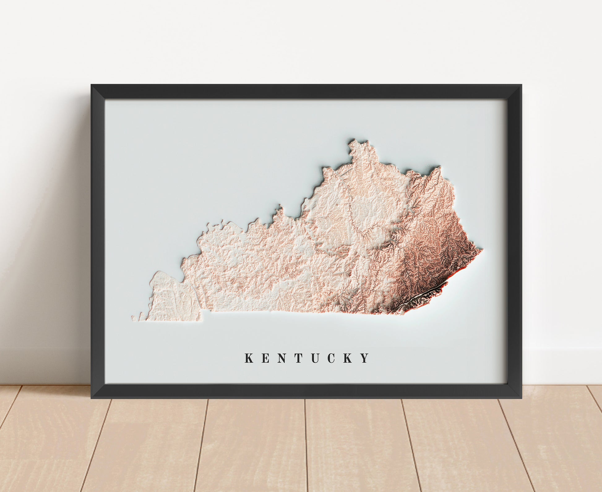 Vintage Kentucky shaded relief map in black frame. Artistic print with realistic terrain effect for wall decor