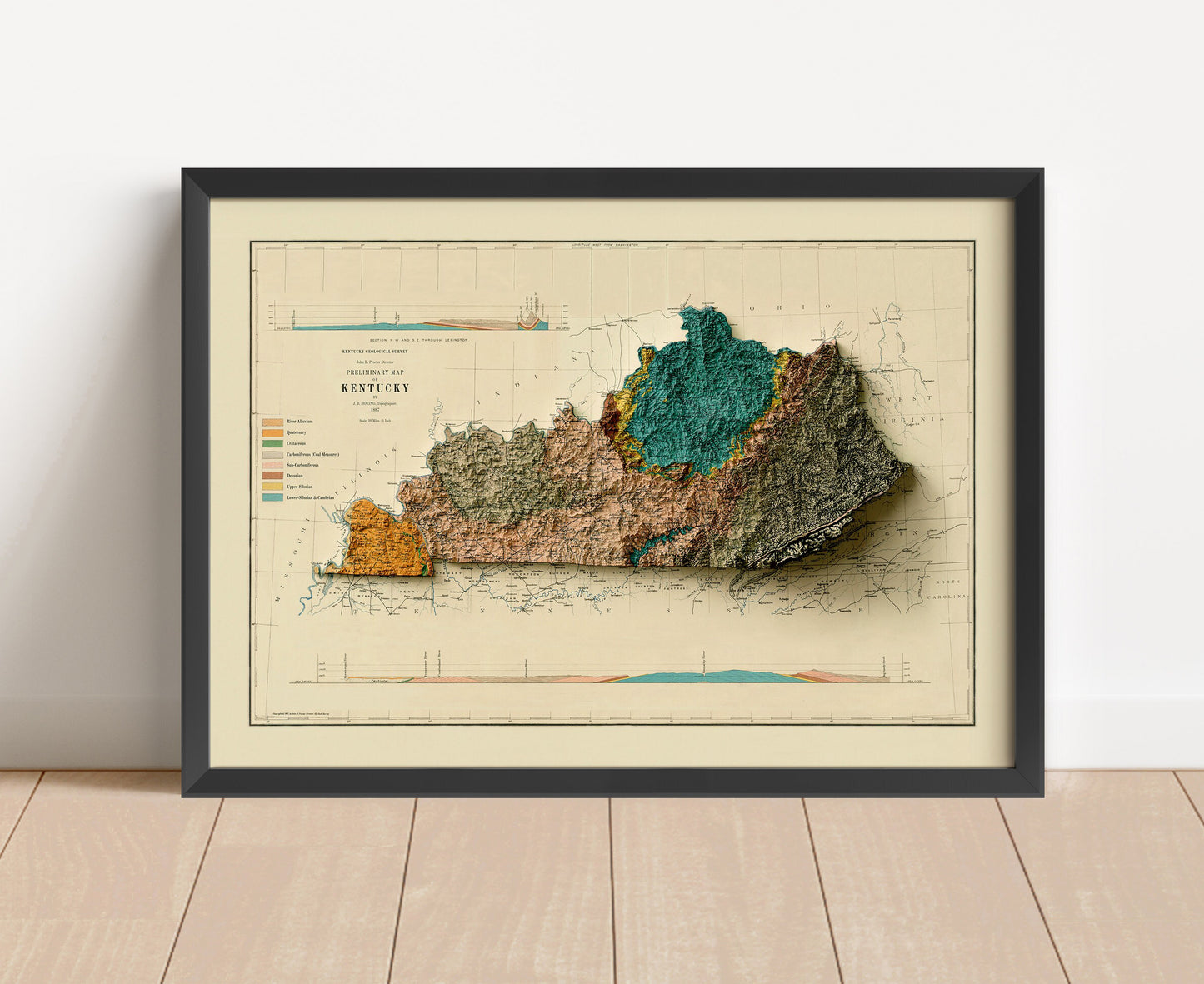 Vintage Kentucky shaded relief map in black frame. Artistic print with realistic terrain effect for wall decor