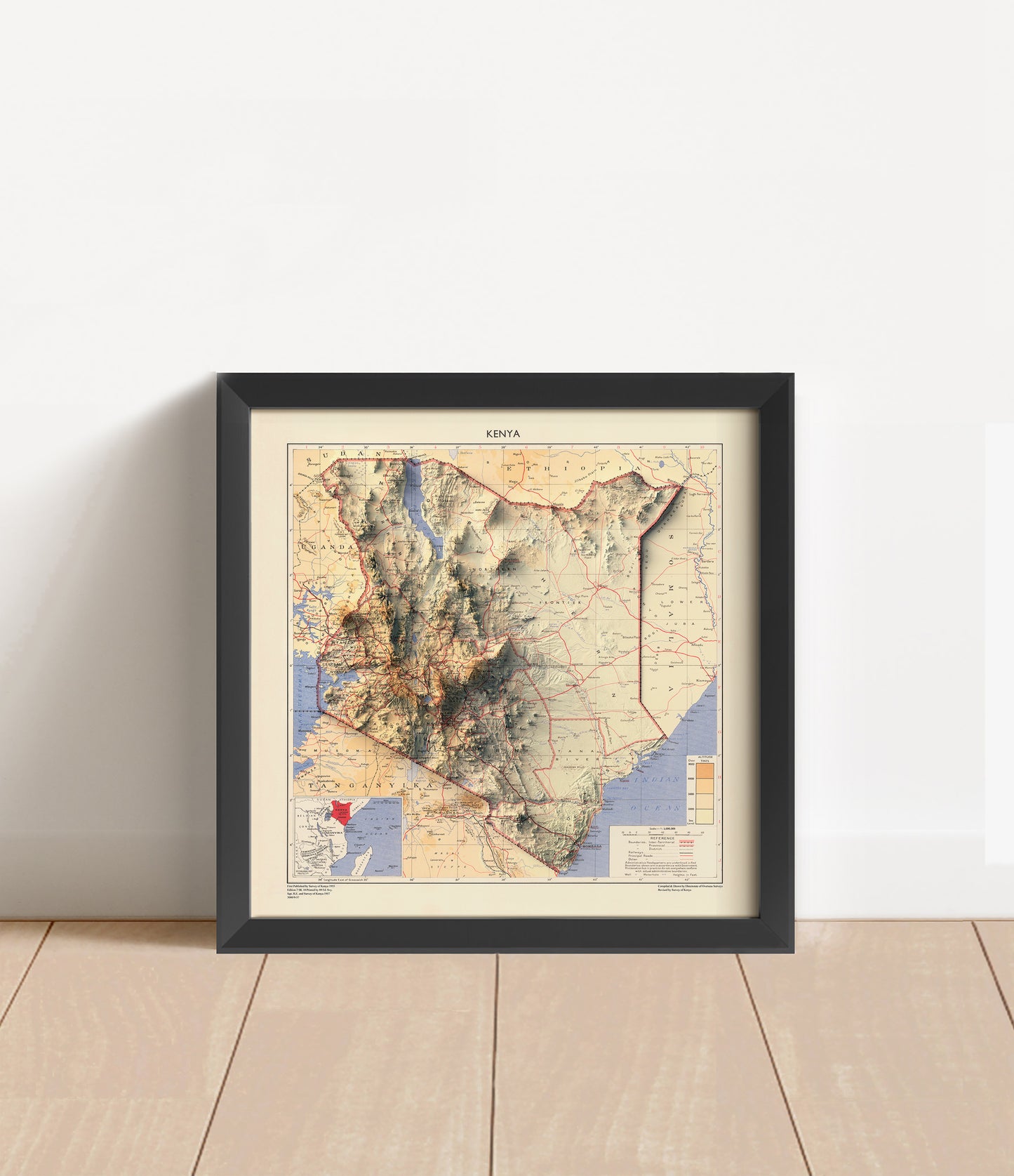 Vintage Kenya shaded relief map in black frame. Artistic print with realistic terrain effect for wall decor