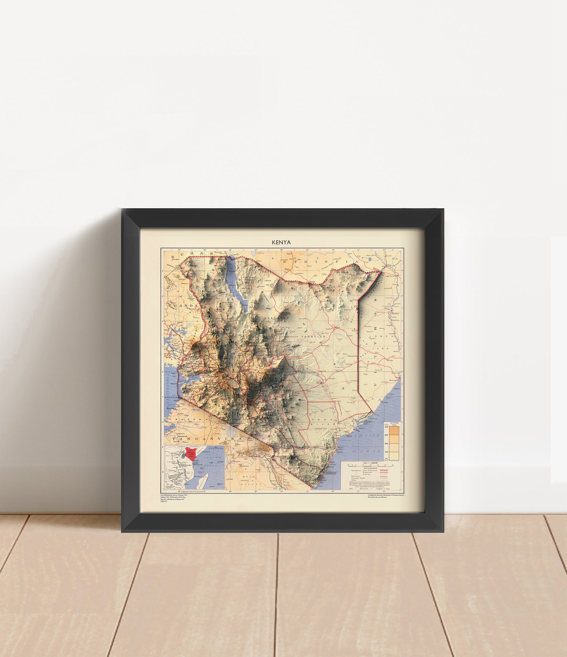 Vintage Kenya shaded relief map in black frame. Artistic print with realistic terrain effect for wall decor