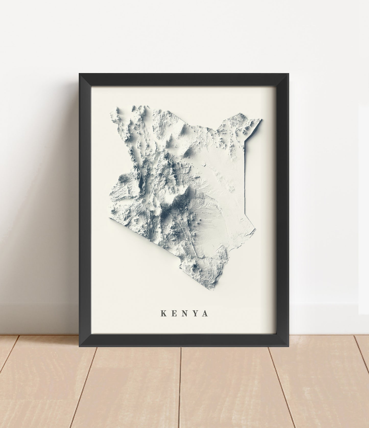 Kenya shaded relief map in black frame. Artistic print with realistic terrain effect for wall decor