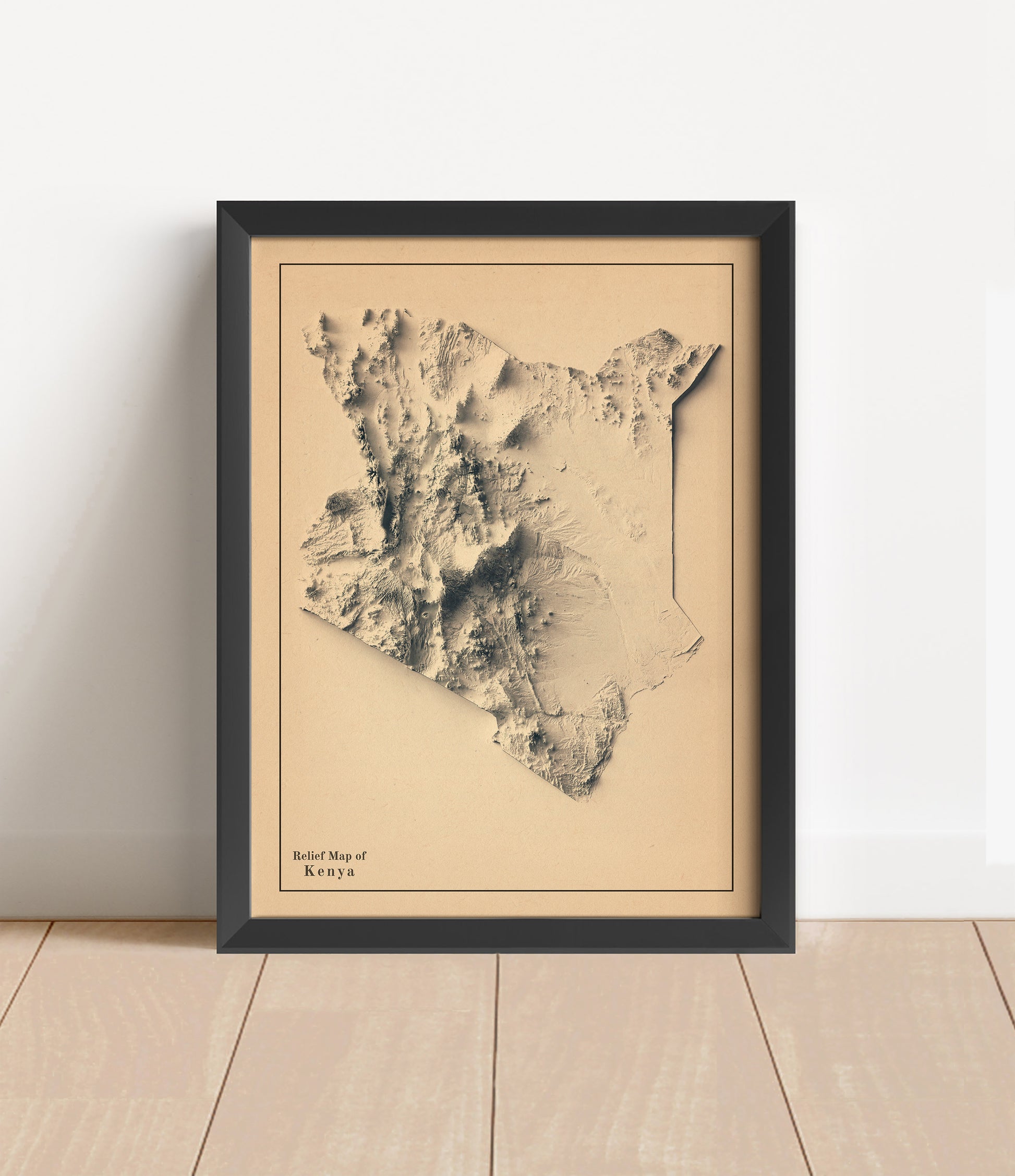 Vintage Kenya shaded relief map in black frame. Artistic print with realistic terrain effect for wall decor