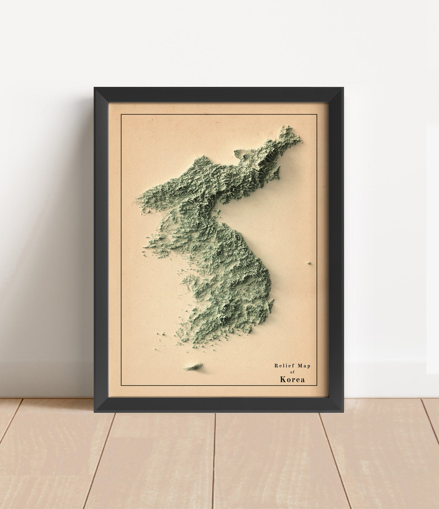 Vintage Koreas shaded relief map in black frame. Artistic print with realistic terrain effect for wall decor