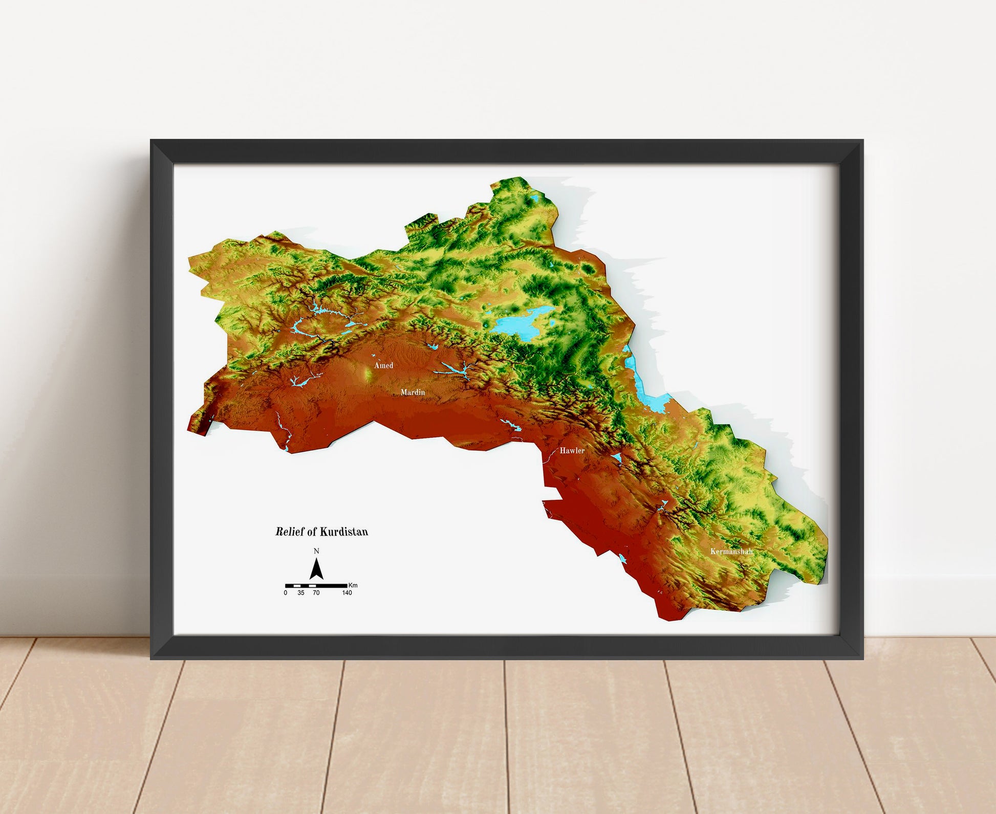 Vintage Kurdistan shaded relief map in black frame. Artistic print with realistic terrain effect for wall decor