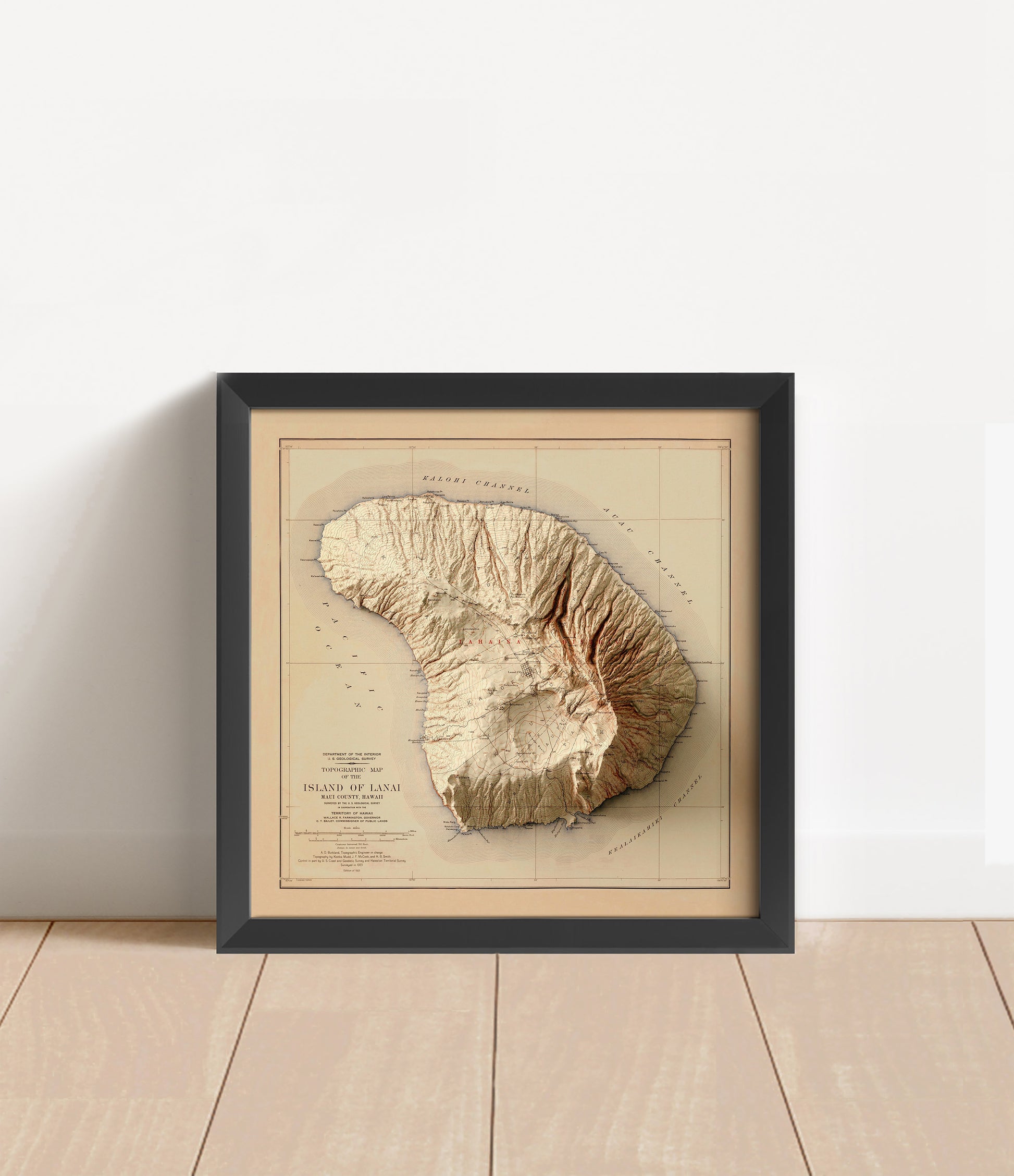 Vintage Lanai, Hawaii, shaded relief map in black frame. Artistic print with realistic terrain effect for wall decor