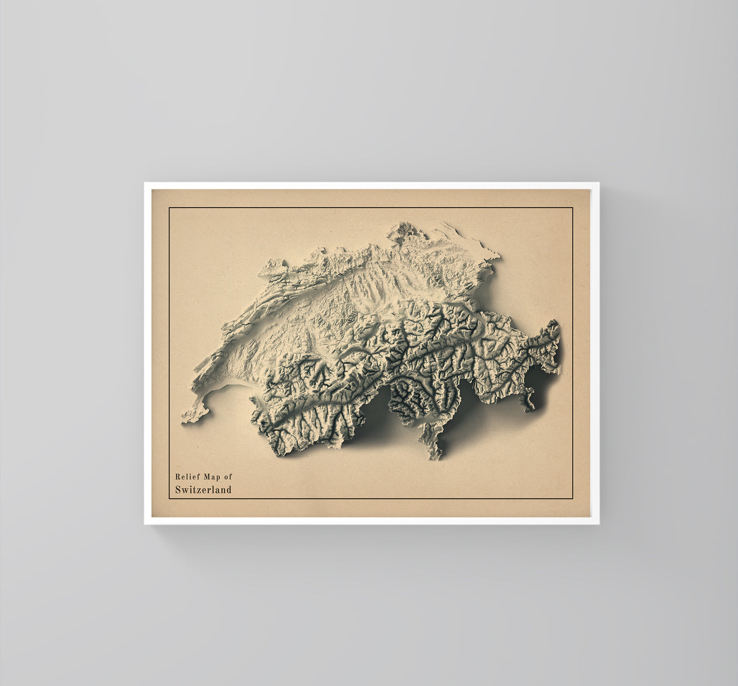 Switzerland vintage framed shaded relief map in white frame. Artistic print highlighting mountains with a realistic 3d effect