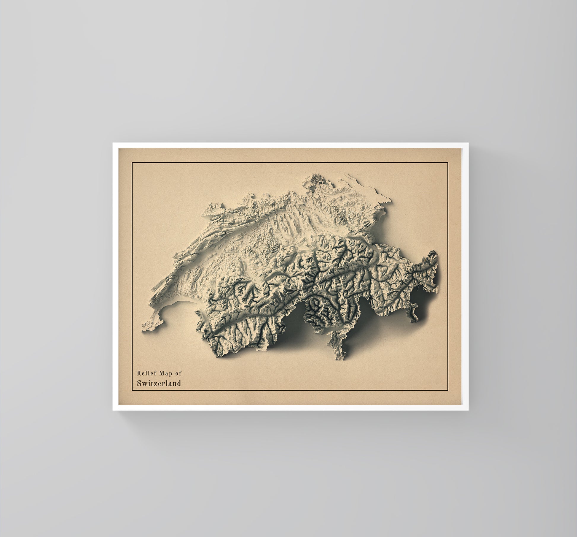 Switzerland vintage framed shaded relief map in white frame. Artistic print highlighting mountains with a realistic 3d effect