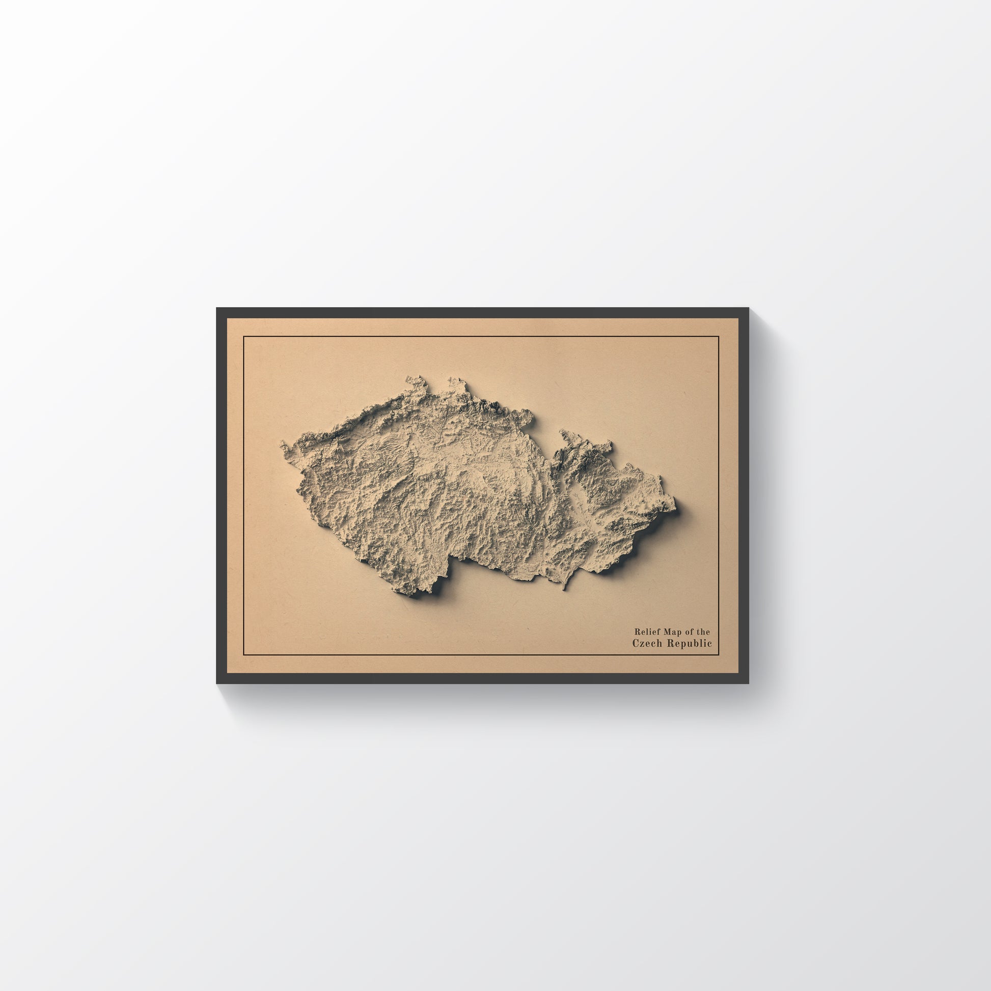 Czech Republic vintage framed shaded relief map in black frame. Artistic print highlighting mountains with a realistic terrain effect