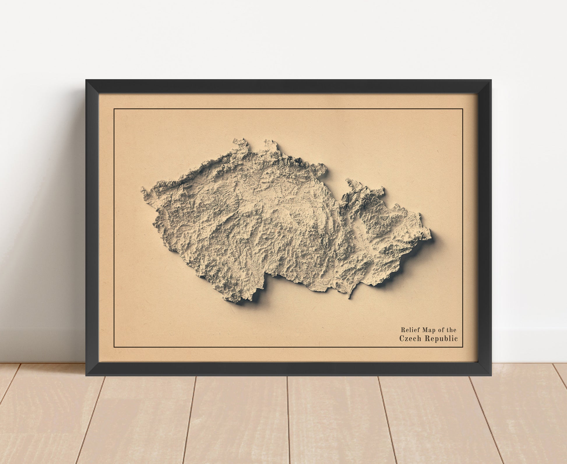 Vintage Czech shaded relief map in black frame. Artistic print with realistic terrain effect for wall decor