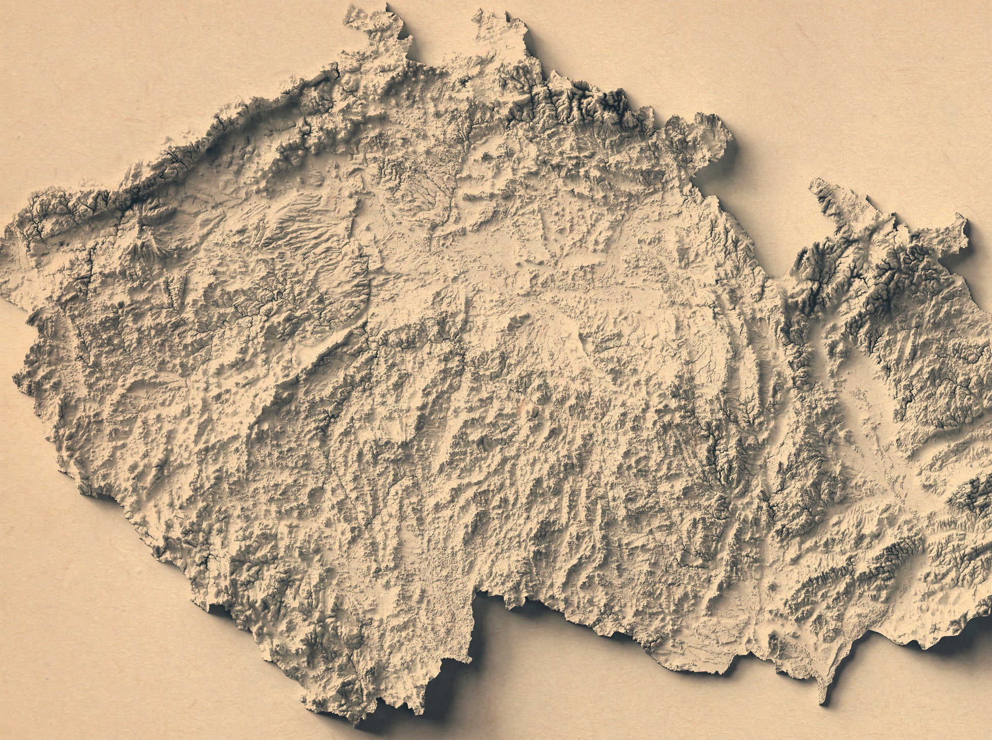 Detailed close-up of a vintage Czech Republic relief map, showcasing textured topography and geographic contours