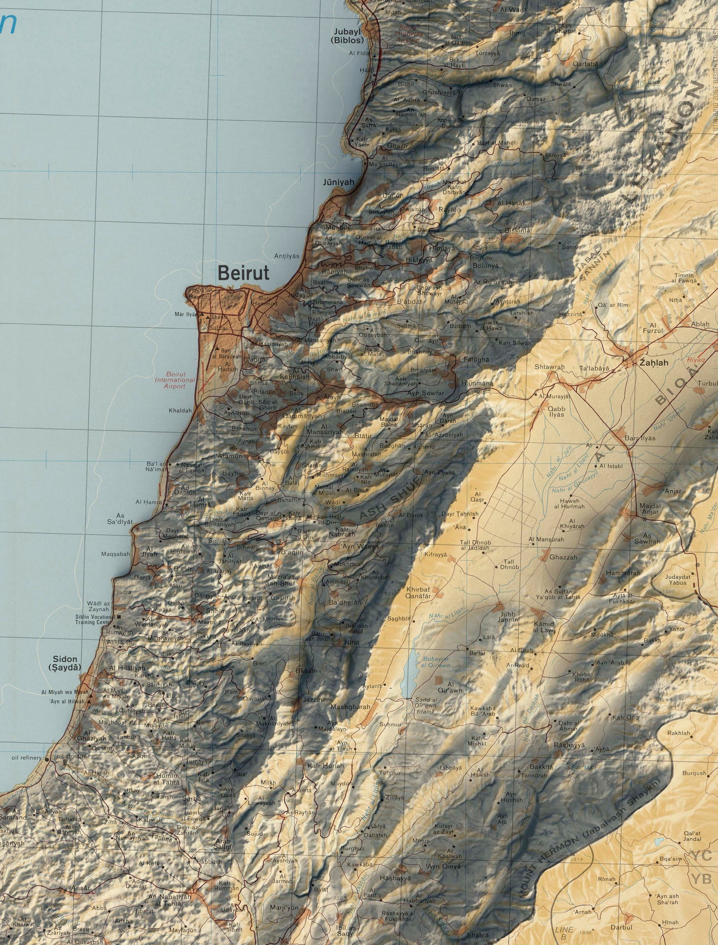 vintage shaded relief map of Lebanon