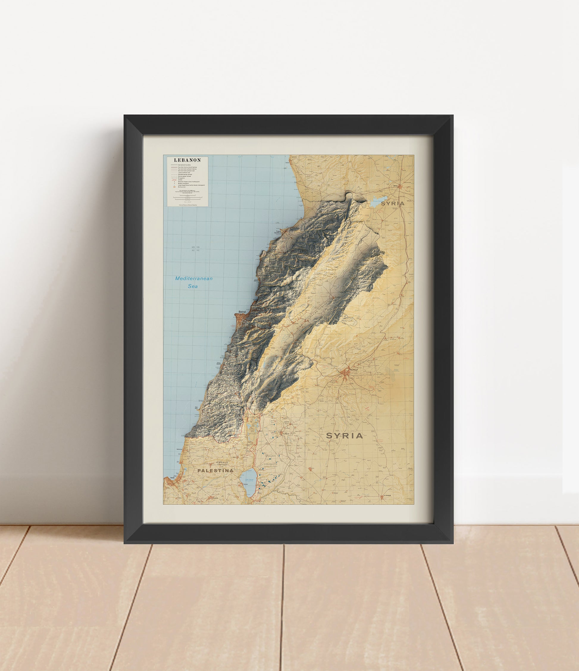 Vintage Lebanon shaded relief map in black frame. Artistic print with realistic terrain effect for wall decor