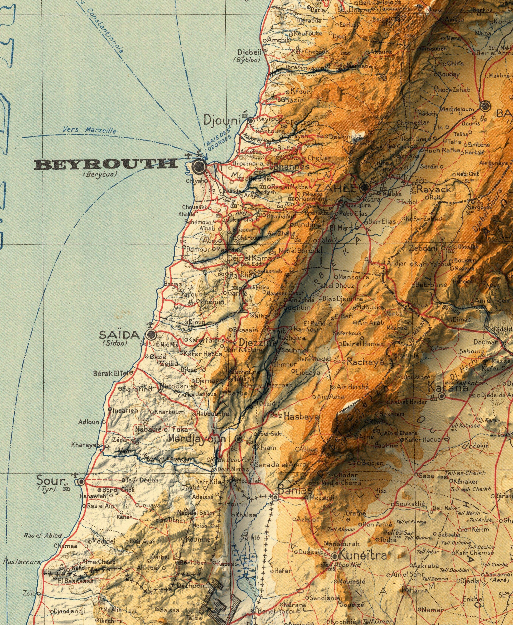 vintage shaded relief map of Lebanon