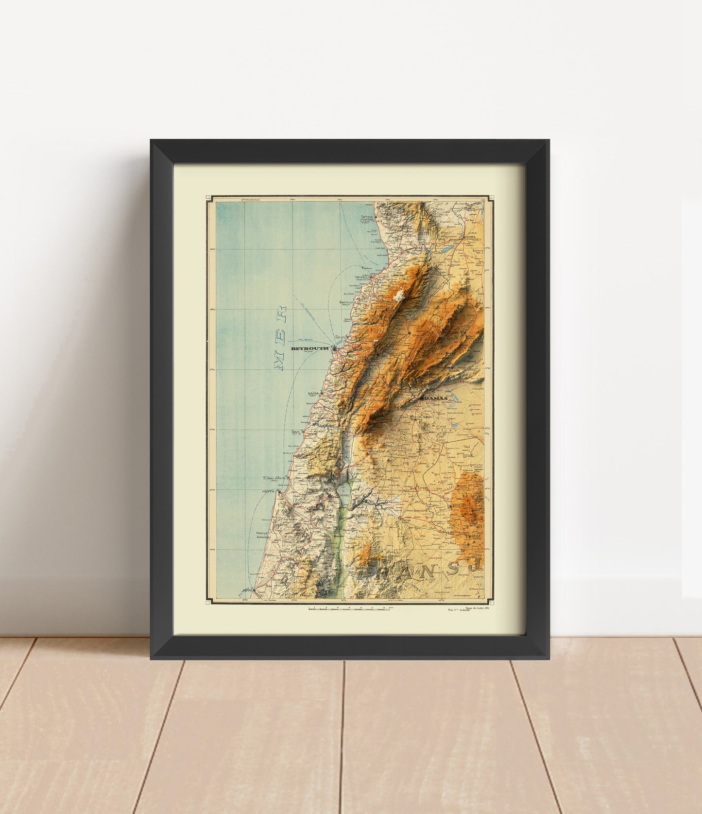 Vintage Lebanon shaded relief map in black frame. Artistic print with realistic terrain effect for wall decor