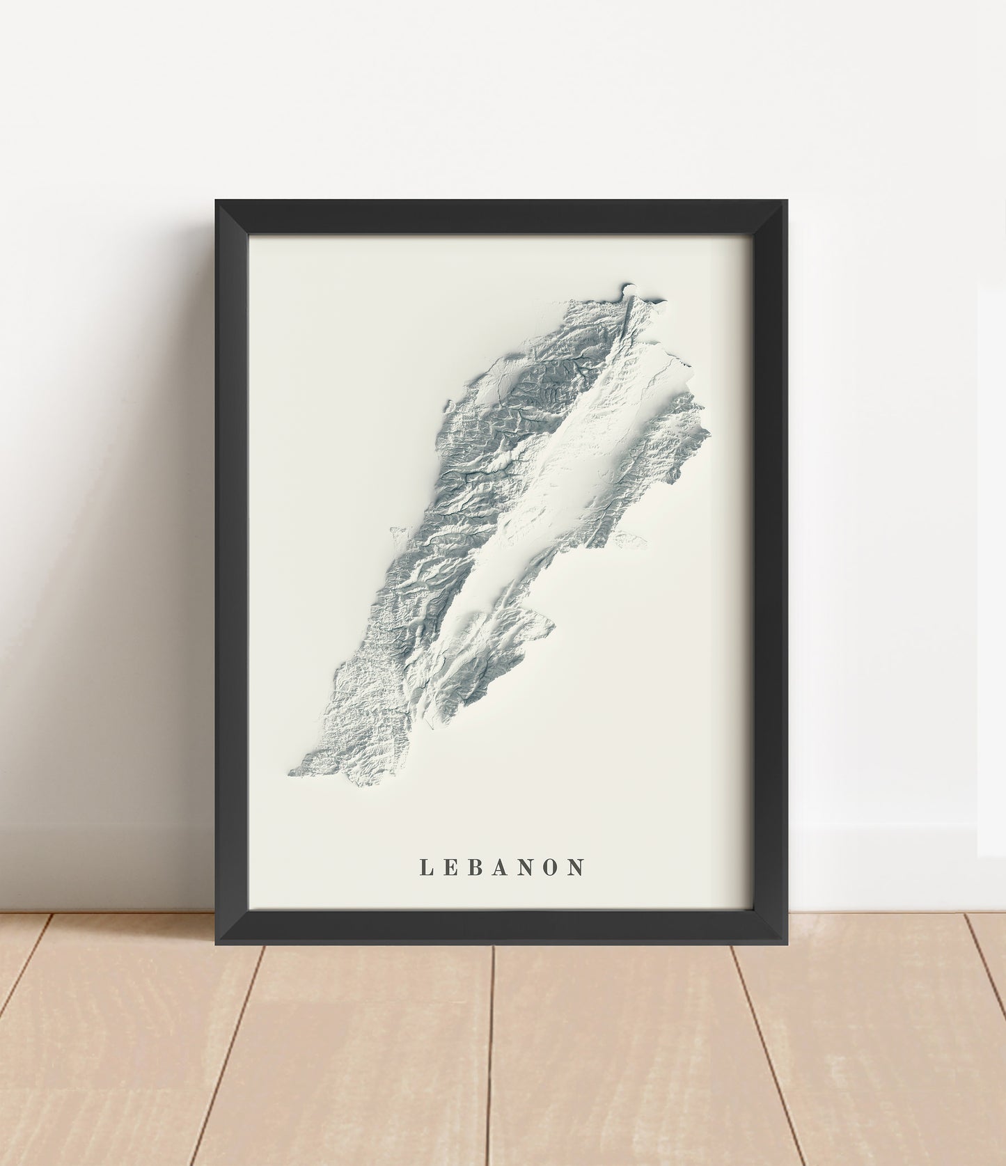 Lebanon shaded relief map in black frame. Artistic print with realistic terrain effect for wall decor