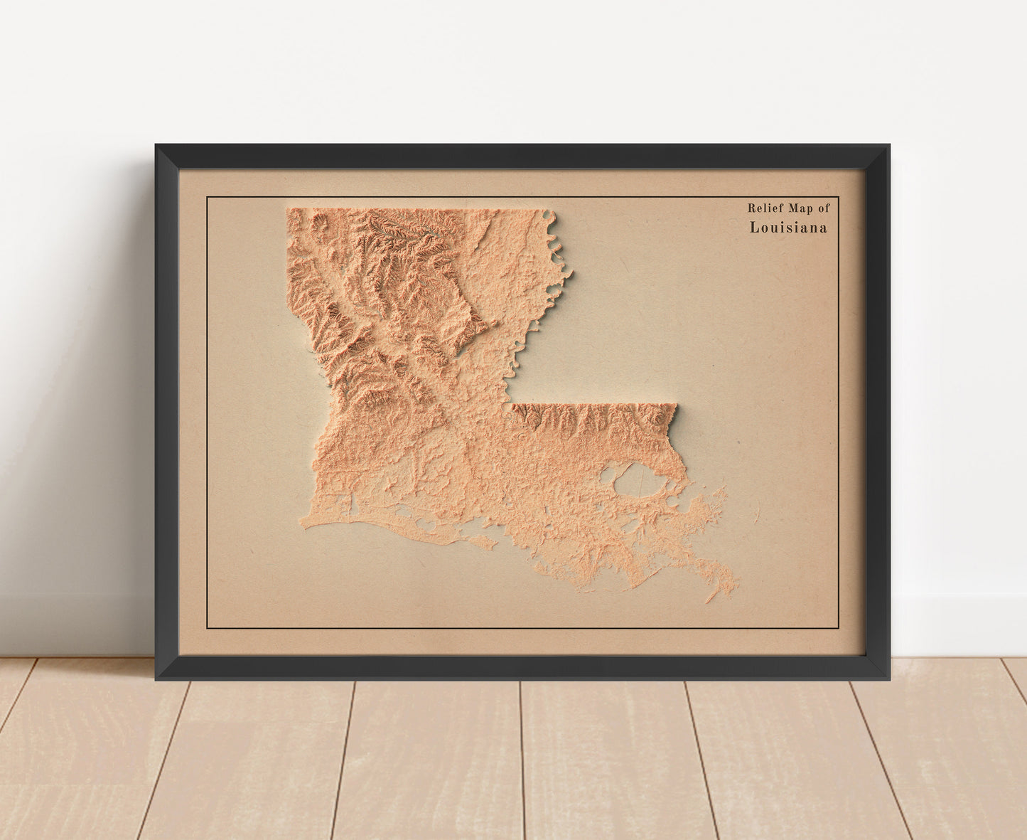 Vintage Louisiana shaded relief map in black frame. Artistic print with realistic terrain effect for wall decor