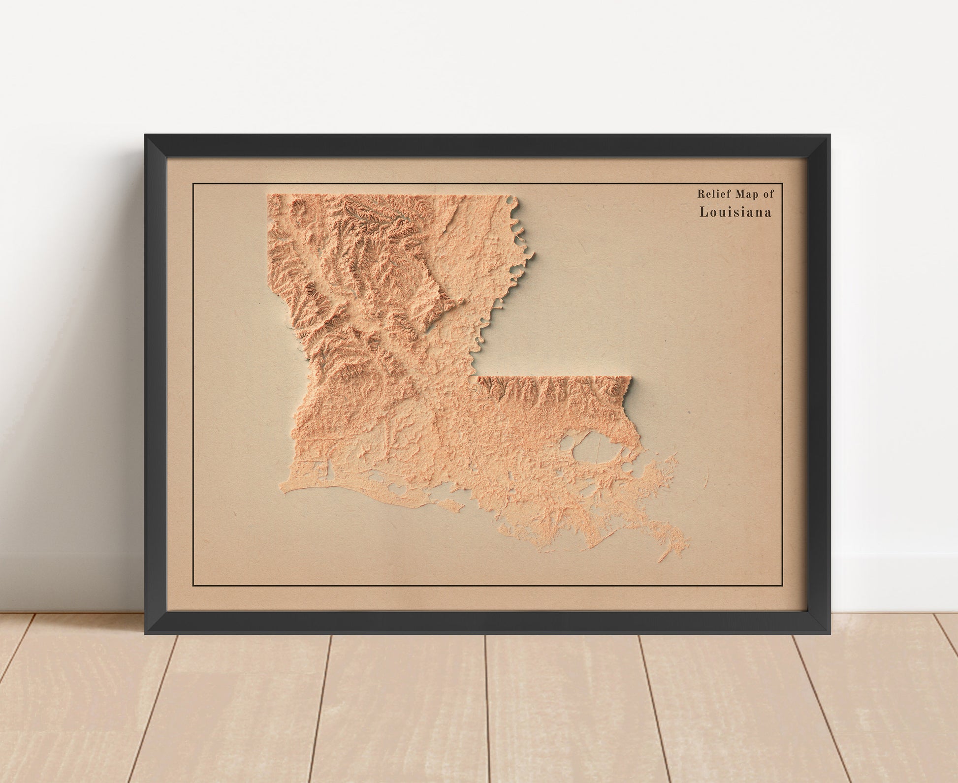 Vintage Louisiana shaded relief map in black frame. Artistic print with realistic terrain effect for wall decor