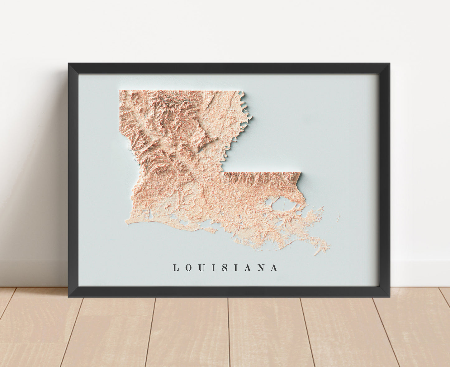 Louisiana shaded relief map in black frame. Artistic print with realistic terrain effect for wall decor
