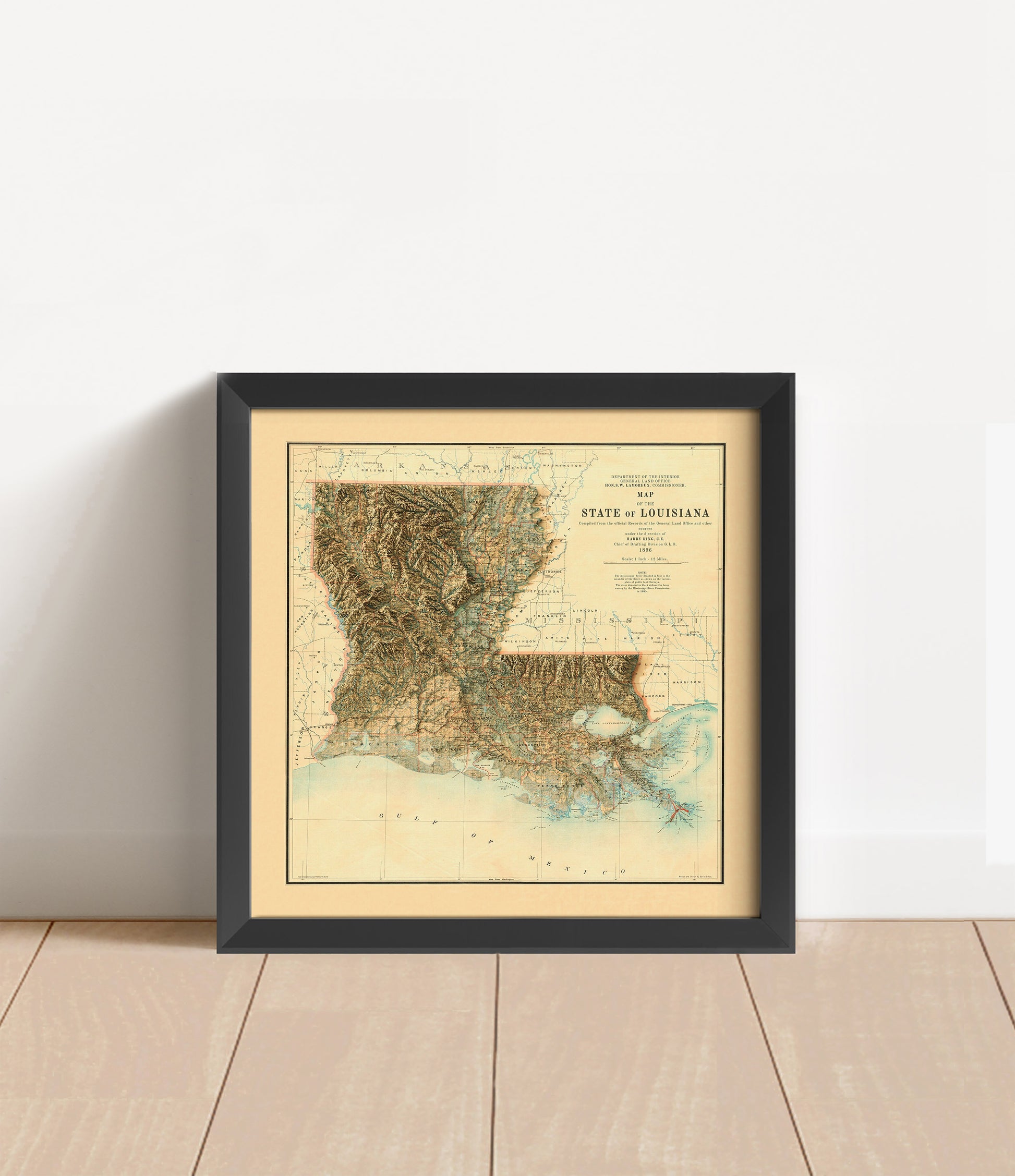 Vintage Louisiana shaded relief map in black frame. Artistic print with realistic terrain effect for wall decor