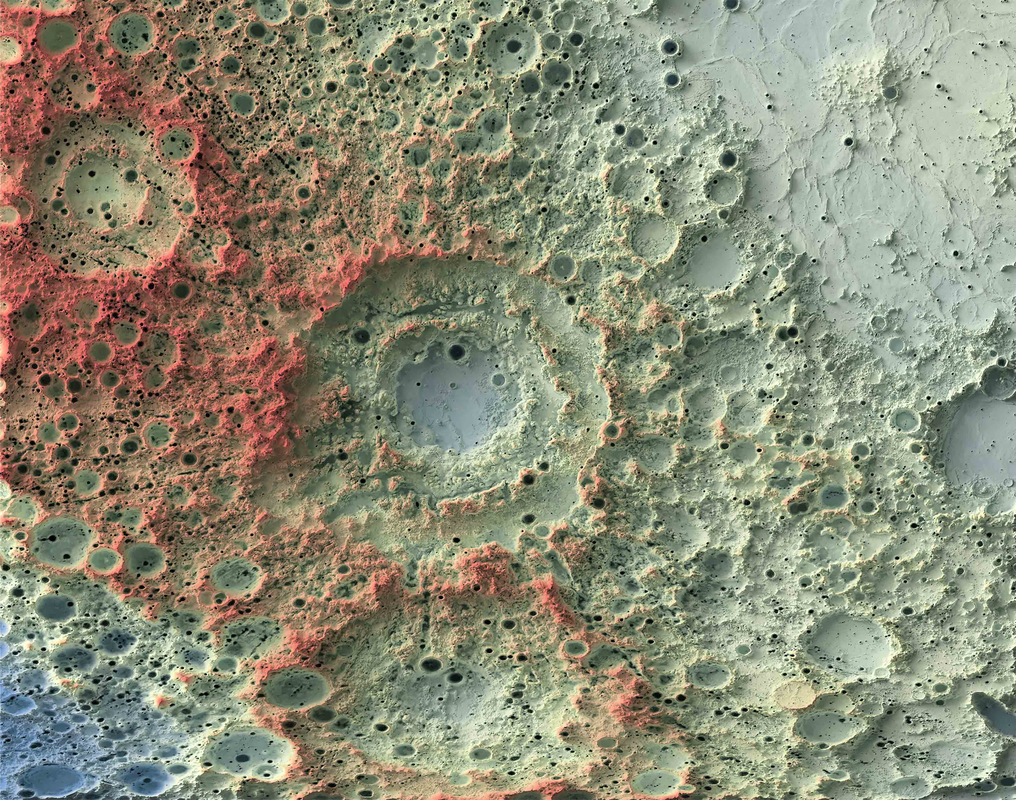 vintage shaded relief map of the moon in red and blue tons