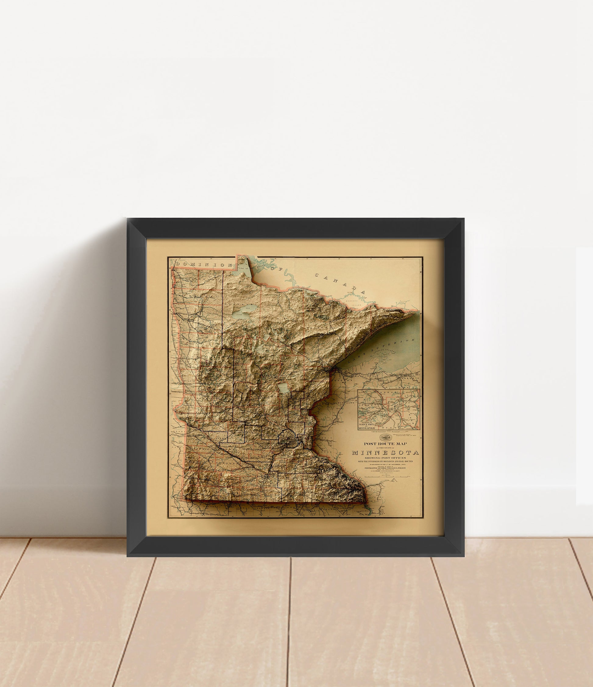 Vintage Minnesota shaded relief map in black frame. Artistic print with realistic terrain effect for wall decor