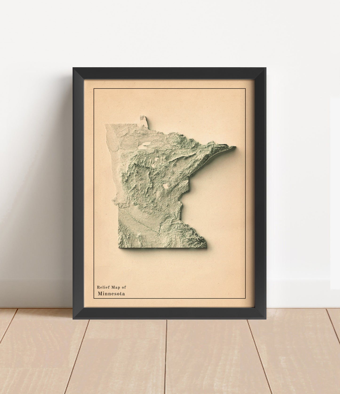 Vintage Minnesota shaded relief map in black frame. Artistic print with realistic terrain effect for wall decor
