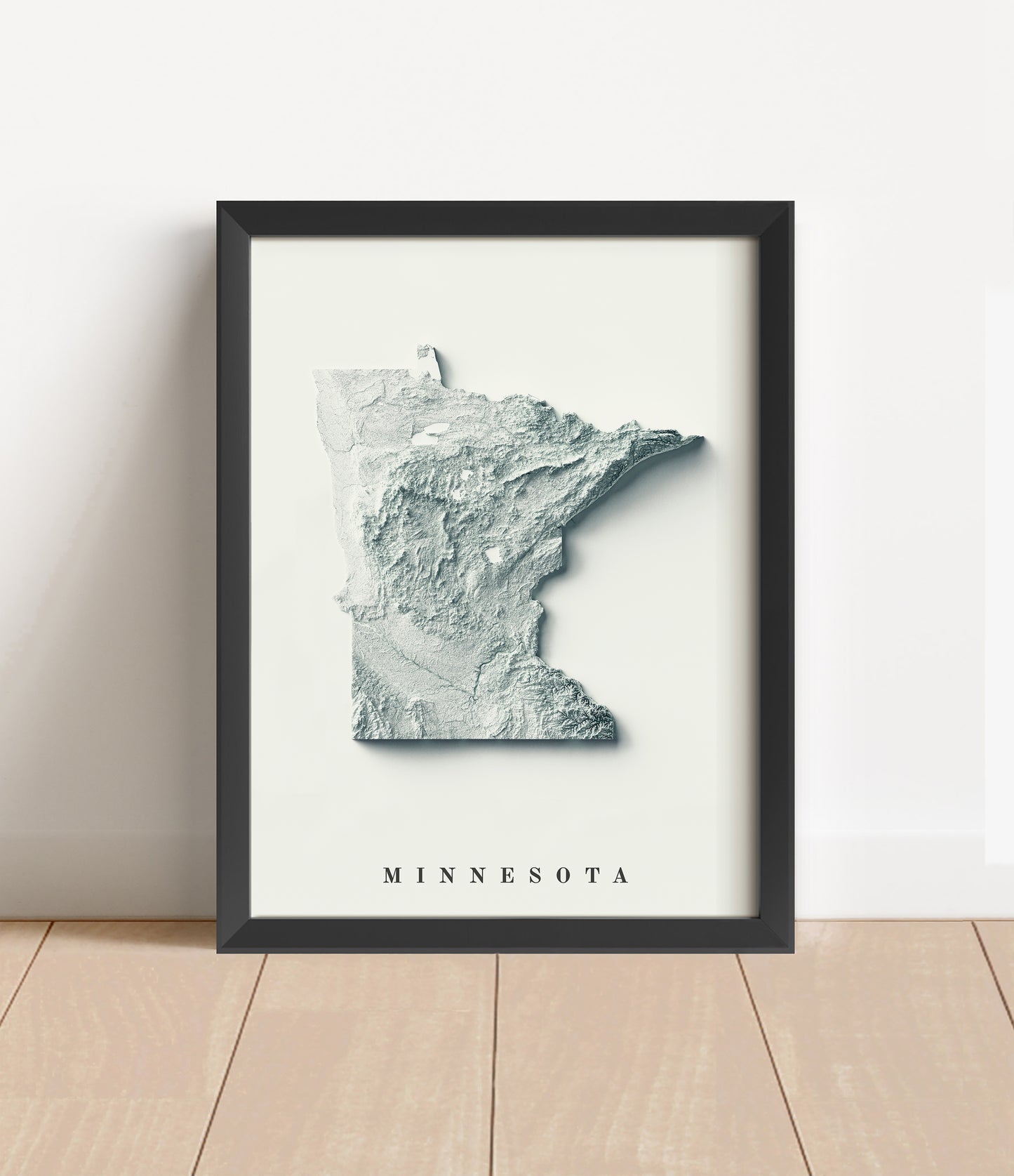 Minnesota shaded relief map in black frame. Artistic print with realistic terrain effect for wall decor