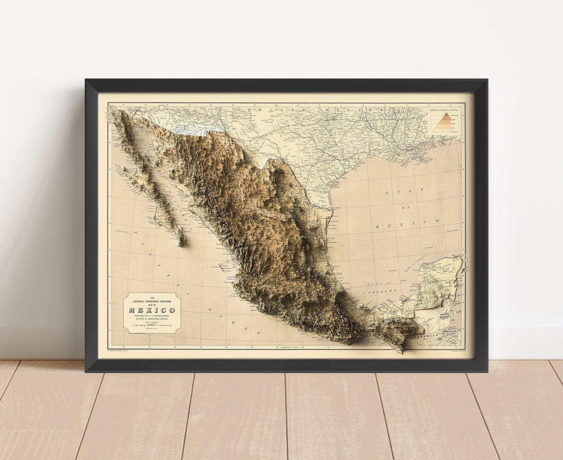 Vintage Mexico shaded relief map in black frame. Artistic print with realistic terrain effect for wall decor
