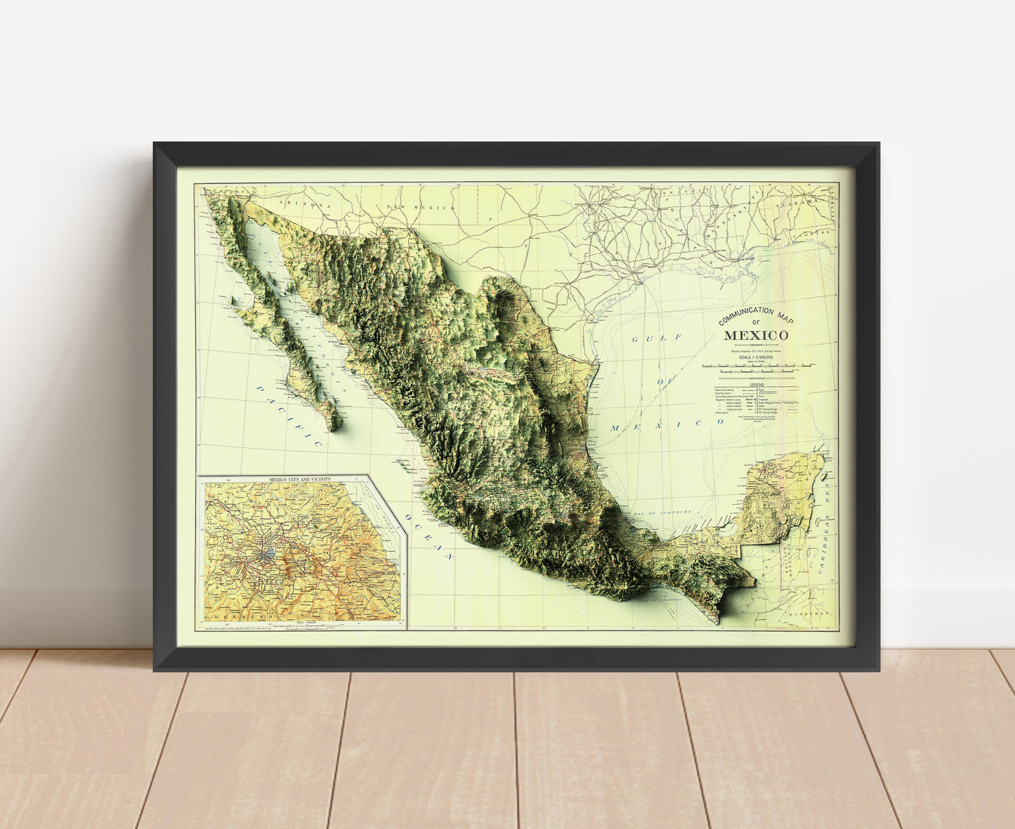 Vintage Mexico shaded relief map in black frame. Artistic print with realistic terrain effect for wall decor