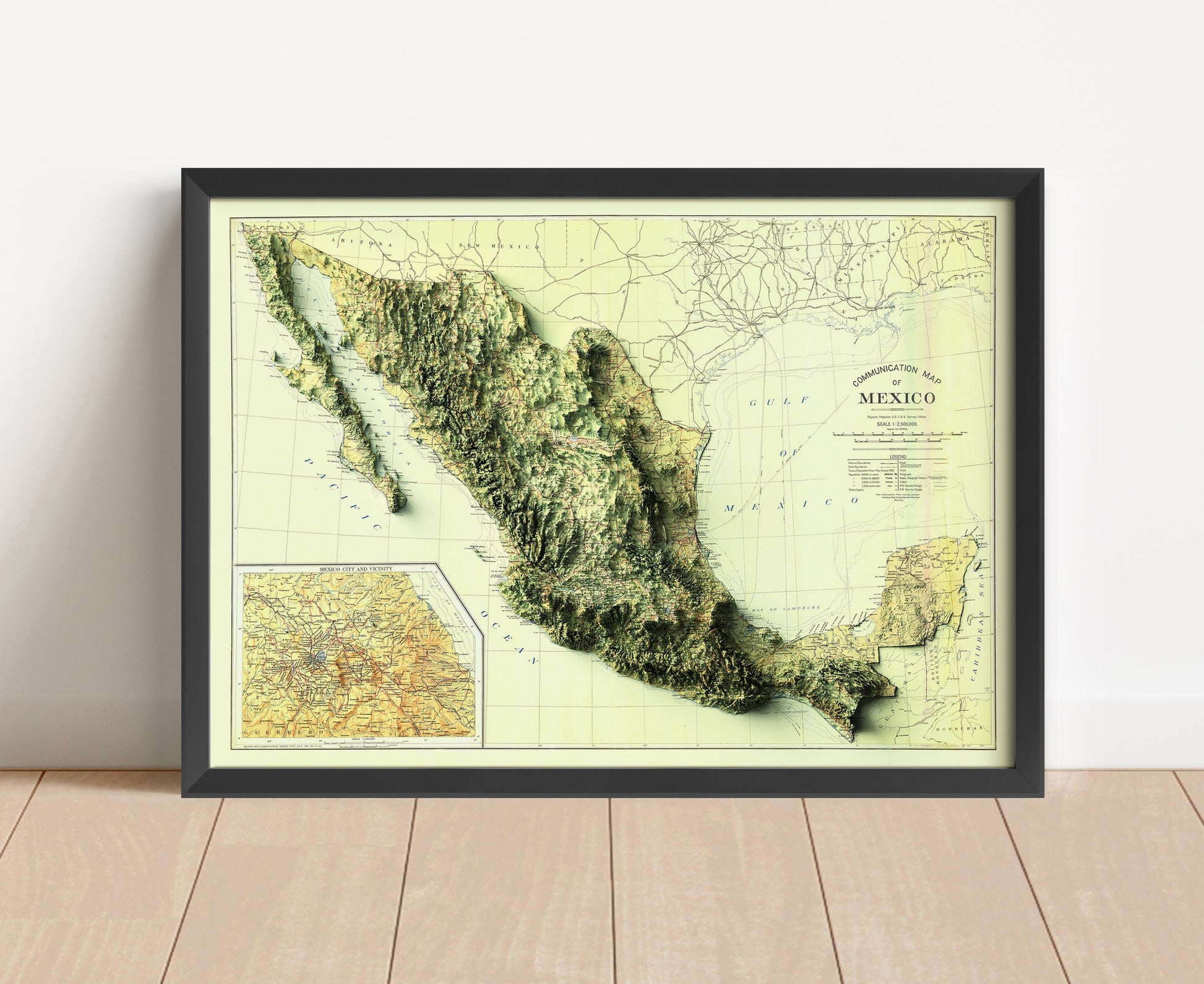 Vintage Mexico shaded relief map in black frame. Artistic print with realistic terrain effect for wall decor