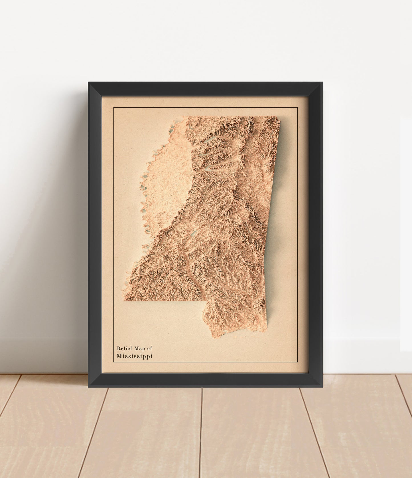 Vintage Mississippi shaded relief map in black frame. Artistic print with realistic terrain effect for wall decor