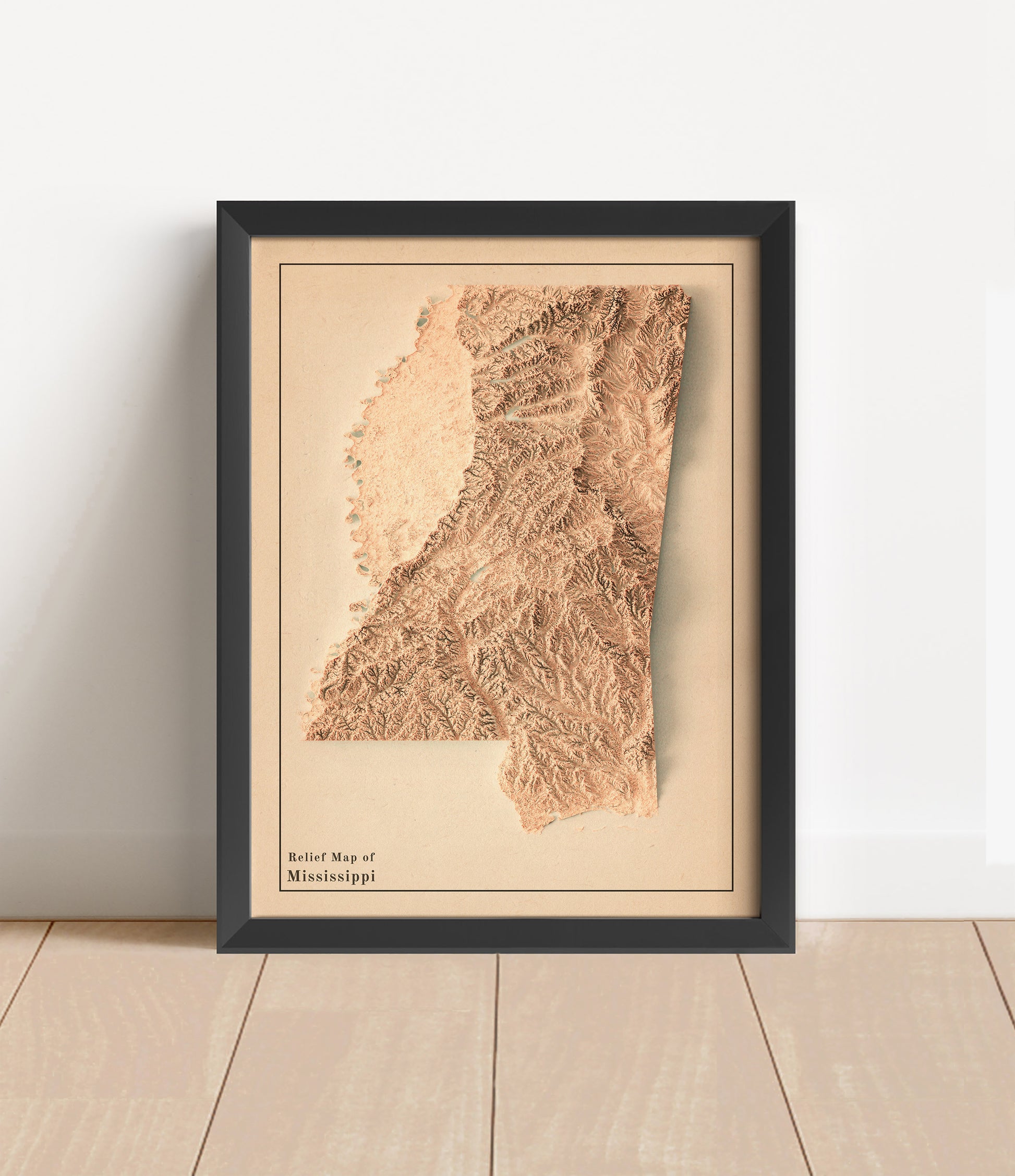 Vintage Mississippi shaded relief map in black frame. Artistic print with realistic terrain effect for wall decor