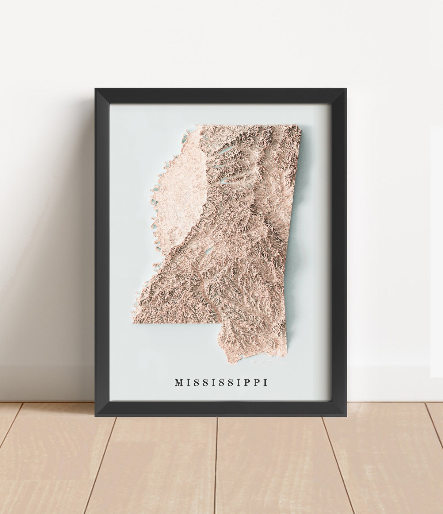 Mississippi shaded relief map in black frame. Artistic print with realistic terrain effect for wall decor