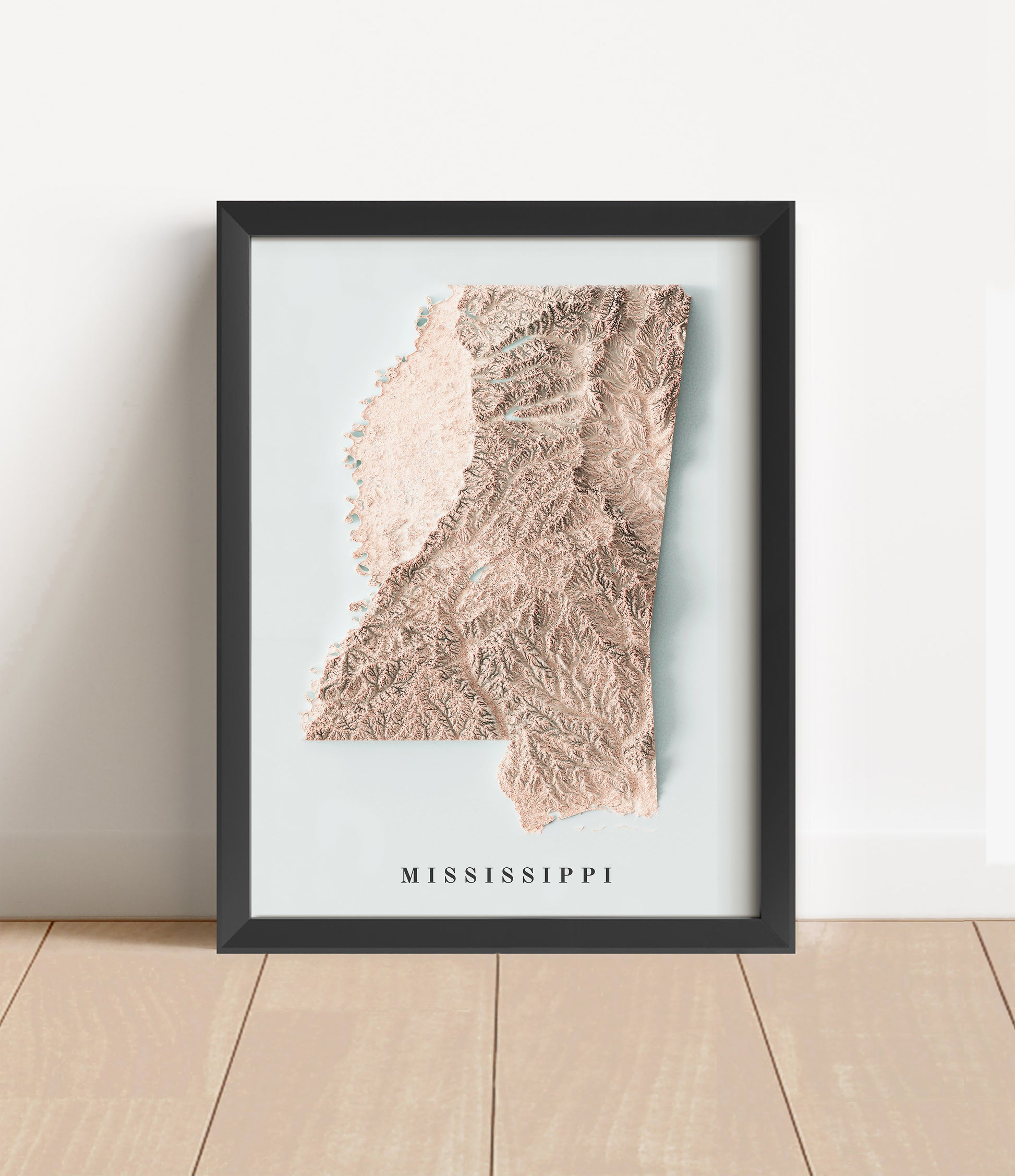 Mississippi shaded relief map in black frame. Artistic print with realistic terrain effect for wall decor