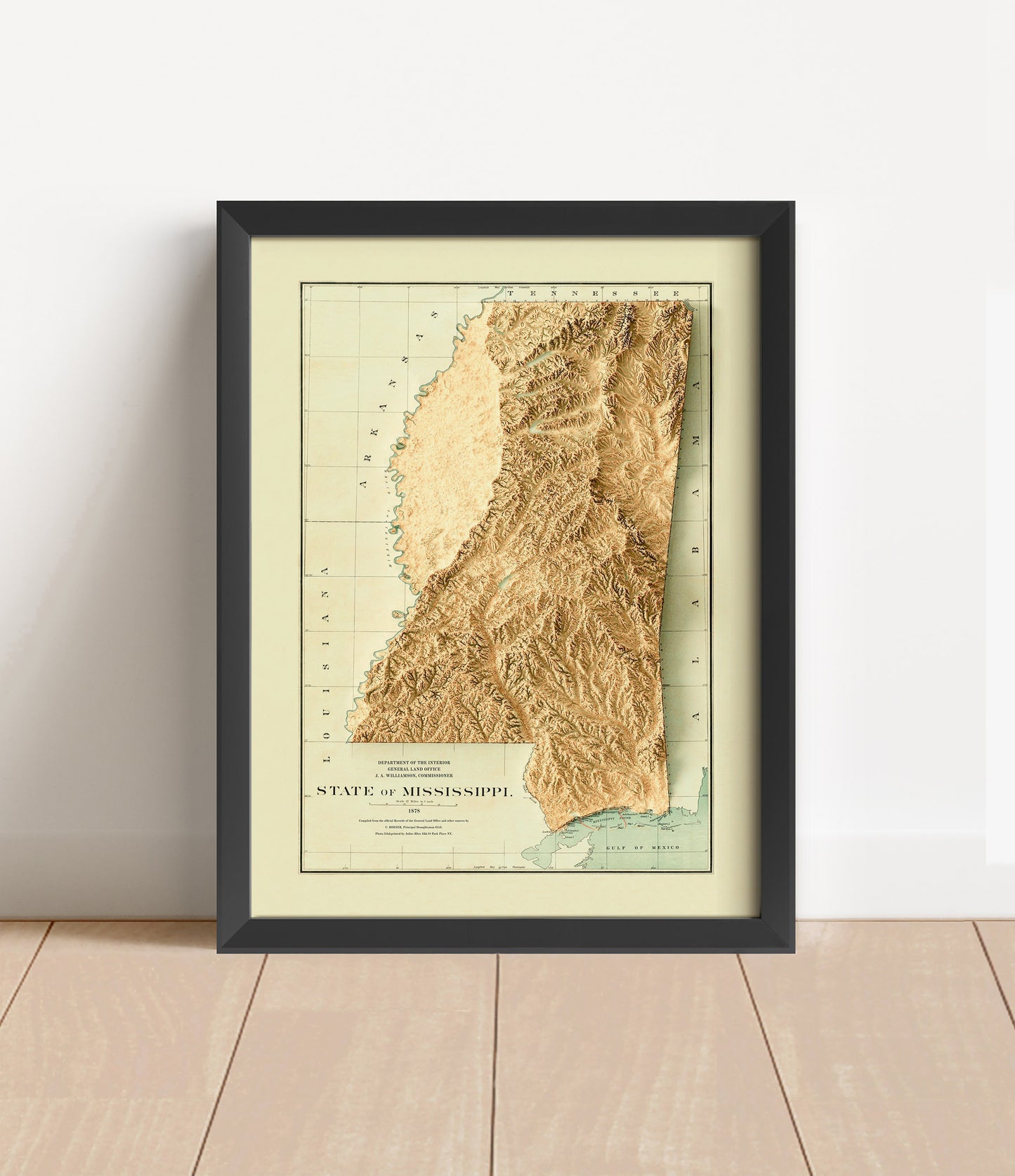 Vintage Mississippi shaded relief map in black frame. Artistic print with realistic terrain effect for wall decor