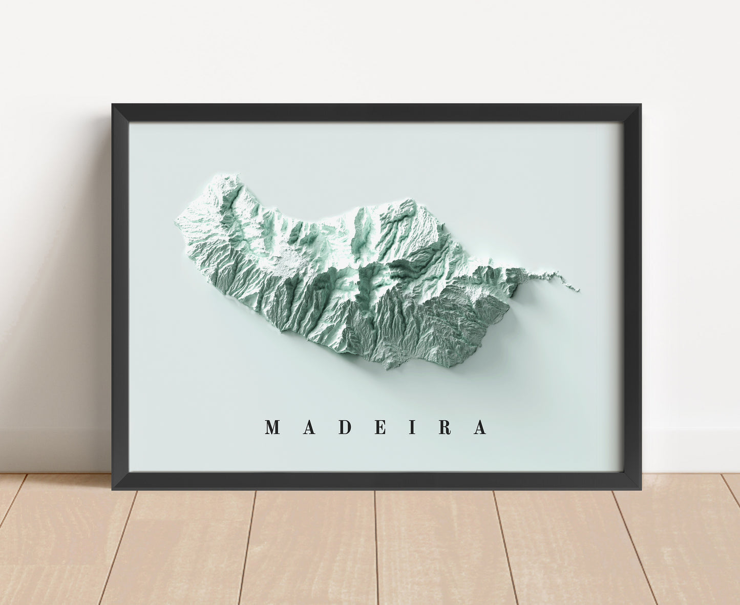 Madeira shaded relief map in black frame. Artistic print with realistic terrain effect for wall decor