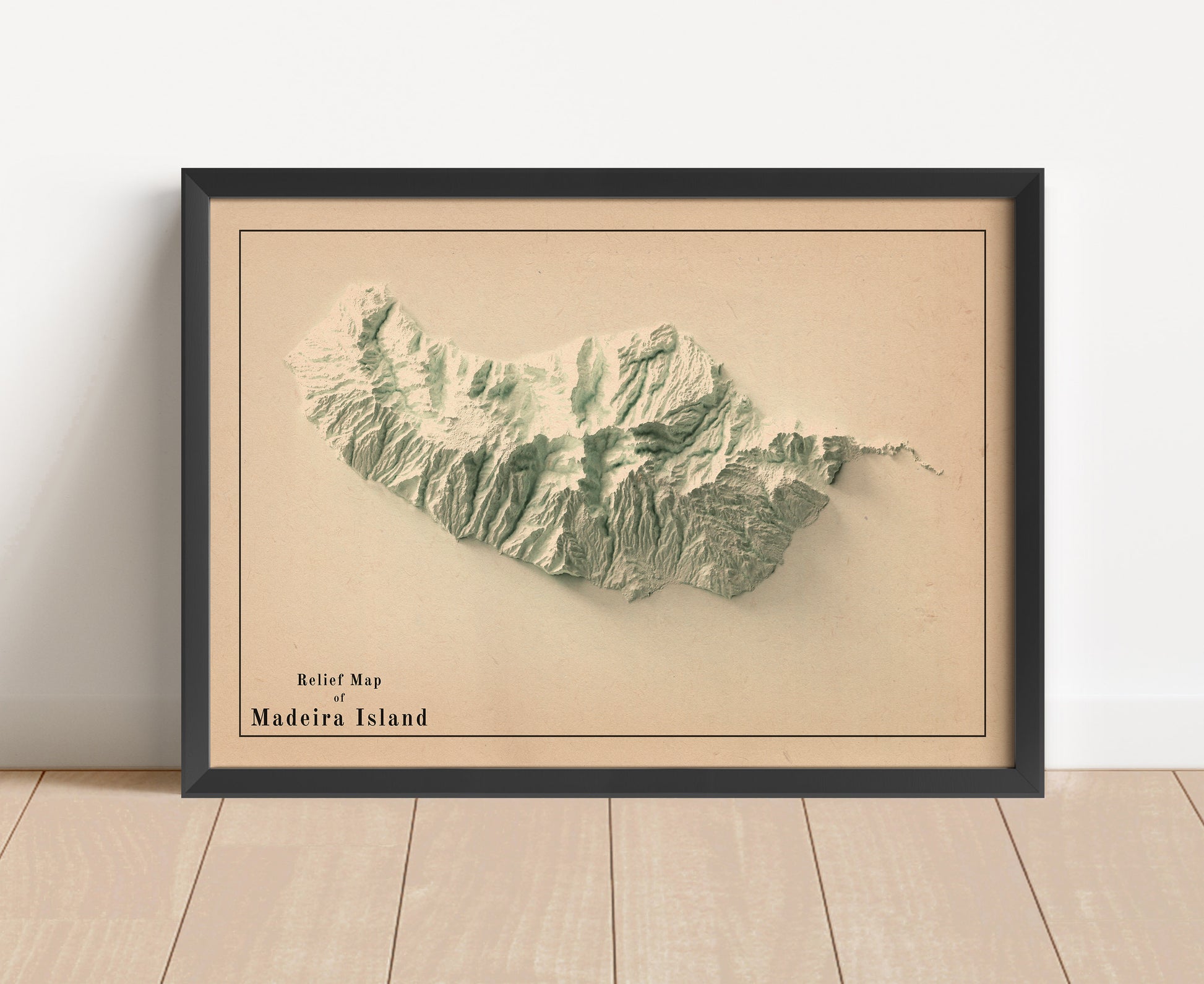 Vintage Madeira shaded relief map in black frame. Artistic print with realistic terrain effect for wall decor