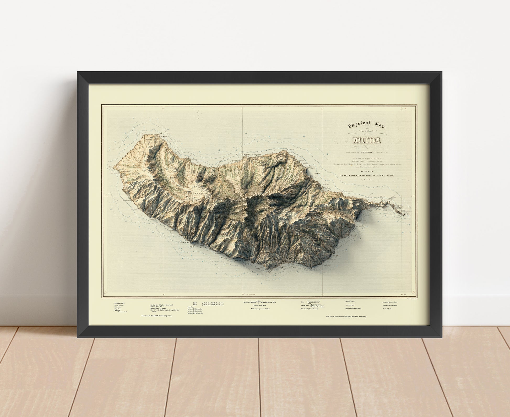 Vintage Madeira shaded relief map in black frame. Artistic print with realistic terrain effect for wall decor