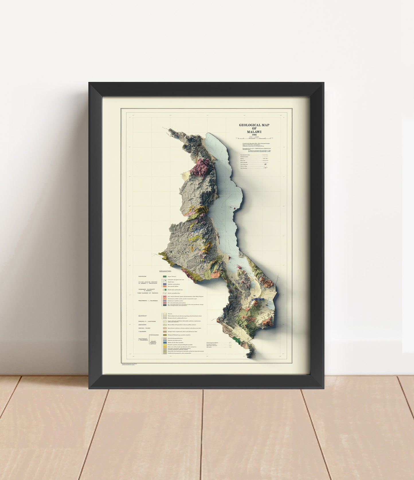 Vintage Malawi shaded relief map in black frame. Artistic print with realistic terrain effect for wall decor